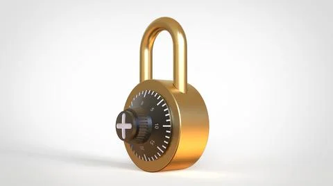 Closed gold padlock with figures on white background 3d rendering image Stock Illustration