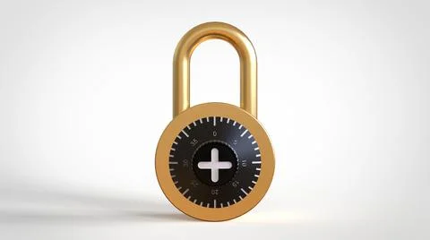 Closed gold padlock with figures on white background 3d rendering image Stock Illustration