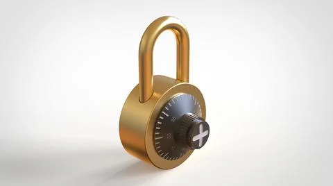 Closed gold padlock with figures on white background 3d rendering image Stock Illustration