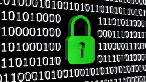 Closed green padlock integrated into a binary code screen made of white digits Illustrazione stock