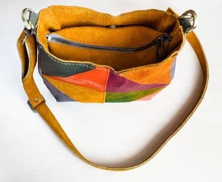 Closed handcrafted patchwork cross body bag Stockfoto's
