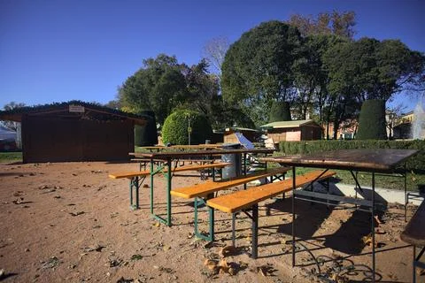Closed huts and empty tables Stock Photos