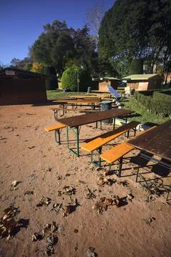 Closed huts and empty tables Stock Photos