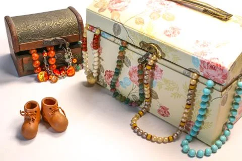 Closed Jewelry Old Boxes with Mixed Colored Necklace and Bracelet Mini Boot Stock Photos