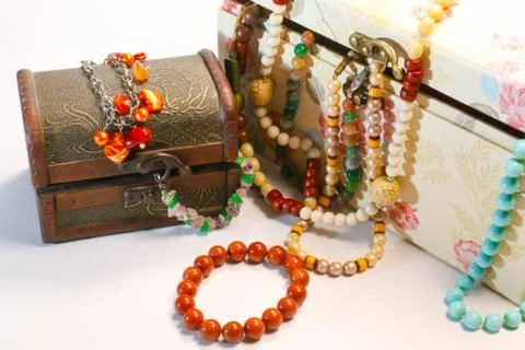 Closed Jewelry Old Boxes with Multi Colored Beads and Natural Stone Bracelet Stock Photos
