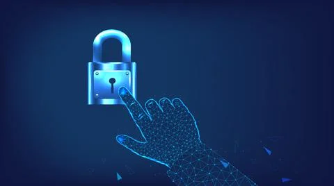 Closed lock and hand from triangles and luminous points Stock Illustration