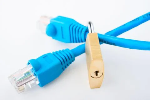 Closed lock and two network cable on white Stock Photos
