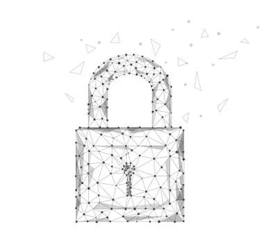 Closed lock from grey triangles and luminous points on white background. Prot Stockillustratie