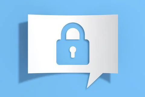 Closed Lock Icon on Cutout White Paper Speech Bubble. 3d Rendering Stock Illustration