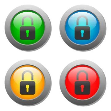 Closed lock icon on glass button set Stock Illustration