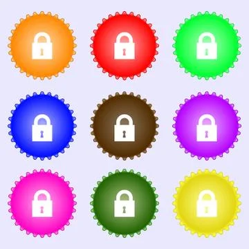 Closed lock icon sign. A set of nine different colored labels. Vector Stock Illustration