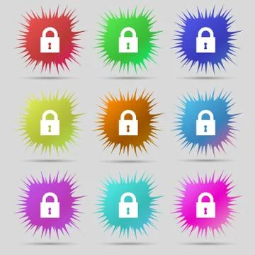 Closed lock icon sign. A set of nine original needle buttons. Vector Stock Illustration