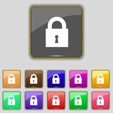 Closed lock icon sign. Set with eleven colored buttons for your site. Vector Stock Illustration