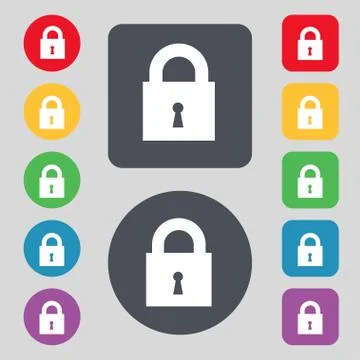 Closed lock icon sign. A set of 12 colored buttons. Flat design. Vector Stock Illustration