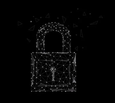 Closed lock from white triangles and luminous points on black background. Pro Illustrazione stock