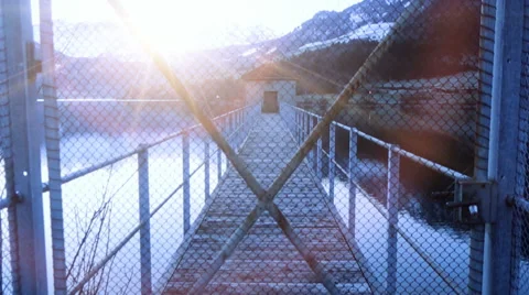 Closed locked door. bridge road pier. sunset dusk. Stock Footage 64538671