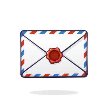 Closed mail white envelope with red and blue stripes and red wax seal. Stock Illustration