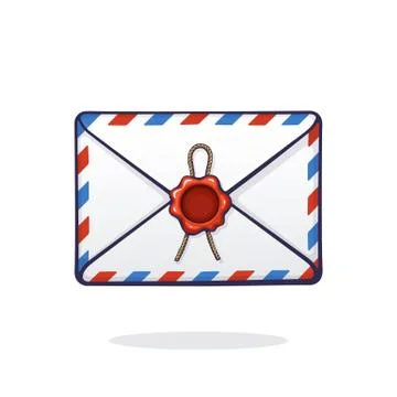Closed mail white envelope with red and blue stripes, red wax seal and rope Stock Illustration