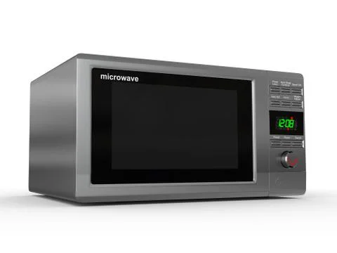 Closed metallic microwave on white background. 3d Stock Illustration