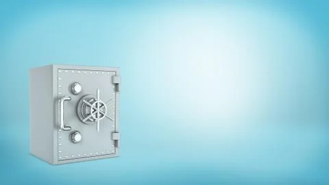 A closed metallic old-fashioned safe-box with a wheel on blue background Stock-Illustration