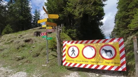 Closed mountain trail with navigation sign in the mountains, establisher Stock Footage 275886211