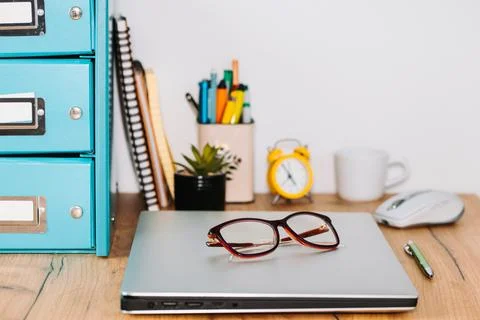 The closed notebook was placed on the desk in the office, concept Foto stock
