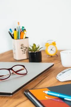 The closed notebook was placed on the desk in the office, concept Stock Photos