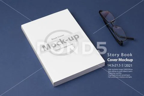 Closed novel book with blank cover on blue background mock-up series PSD Template