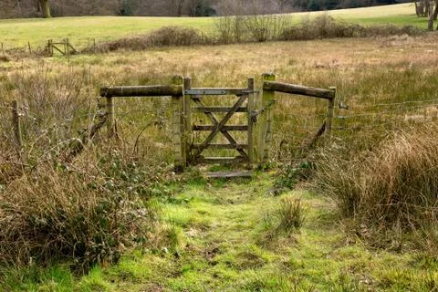 Closed old rustic gate in green grassy countryside Stock Photos