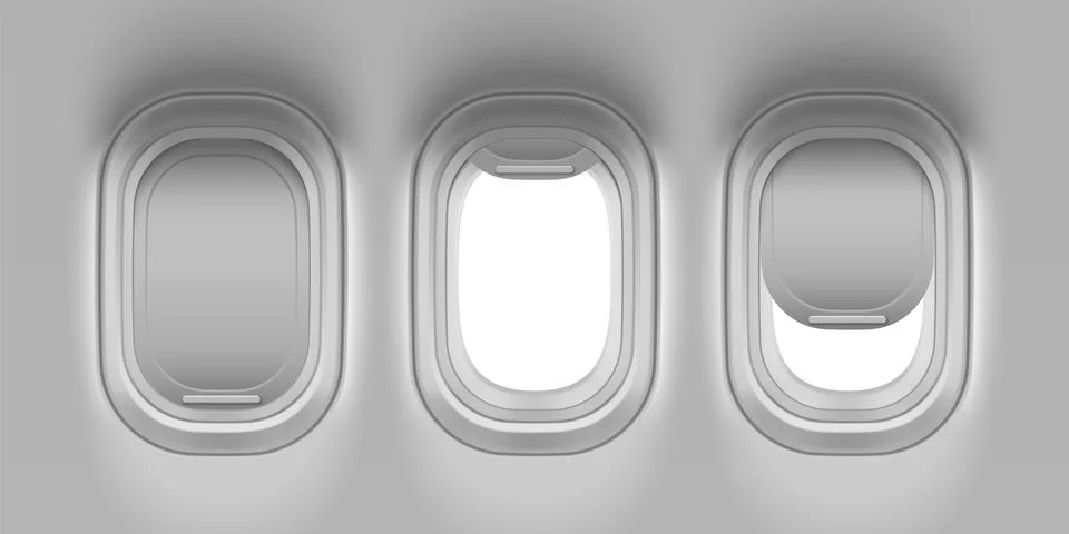 Closed, open and ajar plane window from inside. Stock Illustration