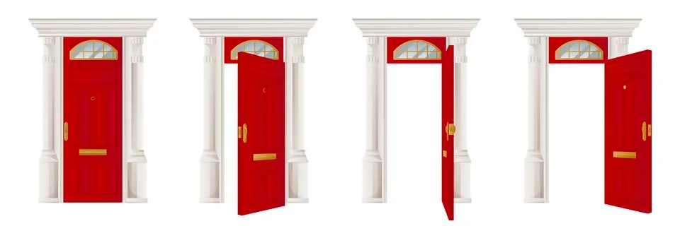 Closed, open red door, isolated on white background. Home entrance, exit, int Stock Illustration