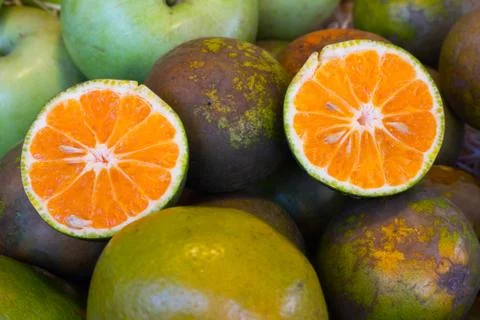 Closed up Orange, half of orange in Thai market Stock Photos