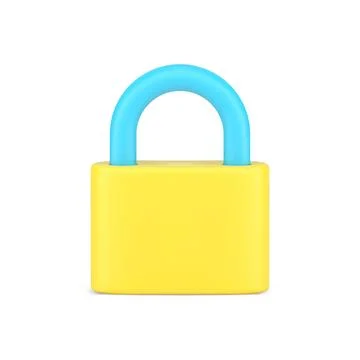 Closed padlock 3d icon. Yellow lock with blue steel shackle Illustrazione stock