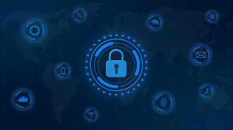 Closed padlock central on digital background in blue - security concept イラスト素材