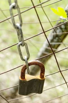 Closed padlock on the fence Stock Photos