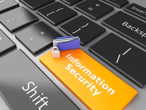 Closed padlock, folder and information security on computer keyboard. privacy Stock Illustration