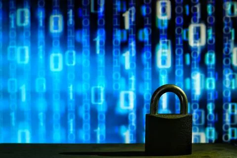 Closed padlock in front of blue floating binary code background. cyber and co Stock Illustration