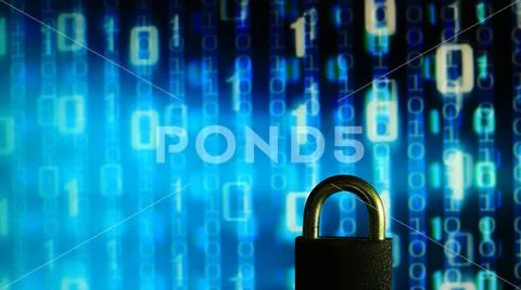 Closed padlock in front of blue floating binary code background. cyber and co Stock Photos