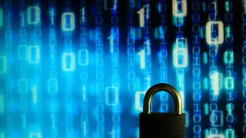 Closed padlock in front of blue floating binary code background. cyber and co Stock Photos