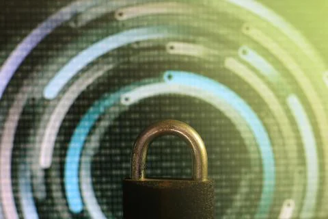 Closed padlock in front of green matrix and circular lines background. cyber Stock Photos