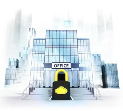 Closed padlock in front of office building as business city concept render Ilustración de archivo