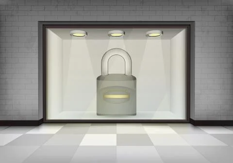 Closed padlock in illuminated storefront vitrine Stock Illustration