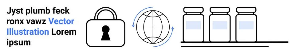Closed padlock next to globe with clockwise arrow and three jars on shelf. Id Stock Illustration