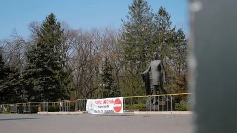 Closed Park with Caution Tape due to Coronavirus outbreak, Bucharest. Stock Footage 132279212