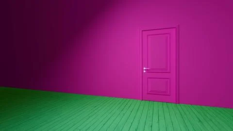 Closed pink door in empty room with green floor Stock Illustration