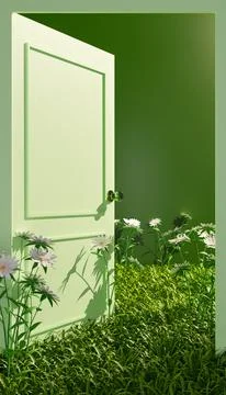 Closed plan of an open green door with vegetation Stock Photos