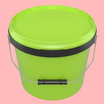 Closed plastic can or buckets of paint with handle on pink background. Illustration