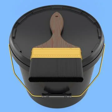 Closed plastic can or buckets with paint bristle brush on blue background. Stock Illustration