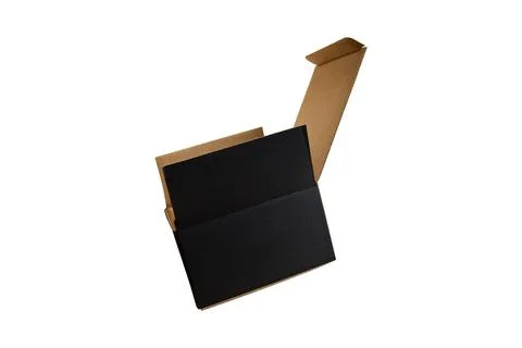 Closed rectangular cardboard box with corrugated cardboard lid and hand on white Stock Photos