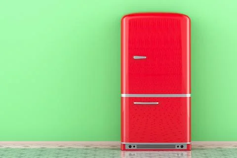 Closed Red Fridge, retro design in room, front view. 3D rendering Stock Illustration
